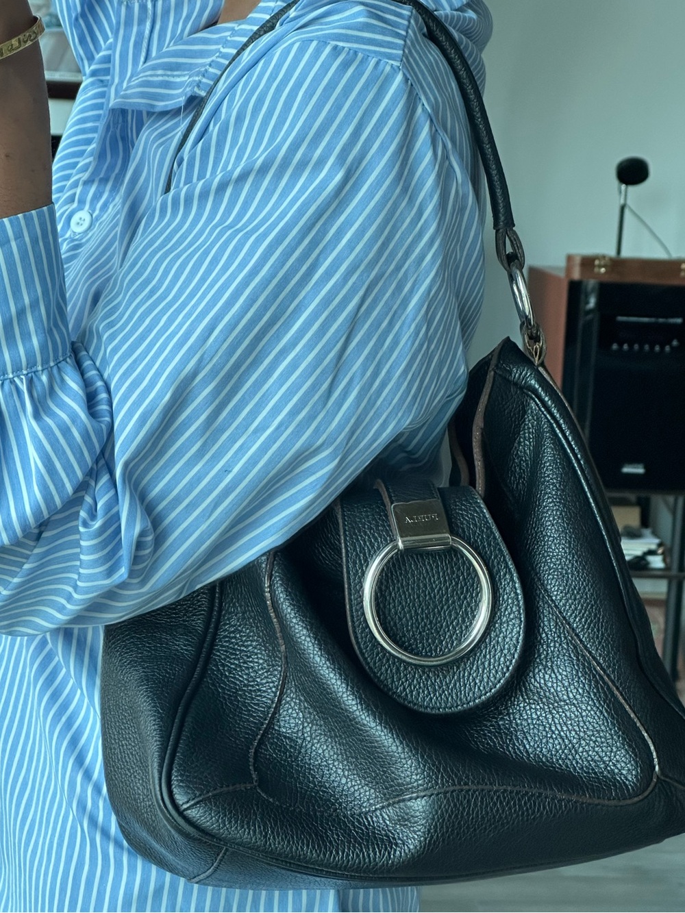 Furla Black Pebbled Leather Shoulder Bag with Silver Ring